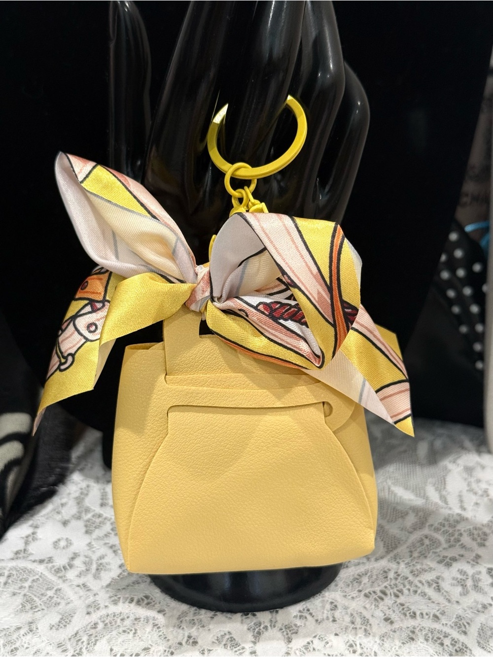 Yellow Mini Bucket Bag Charm with Silk Scarf